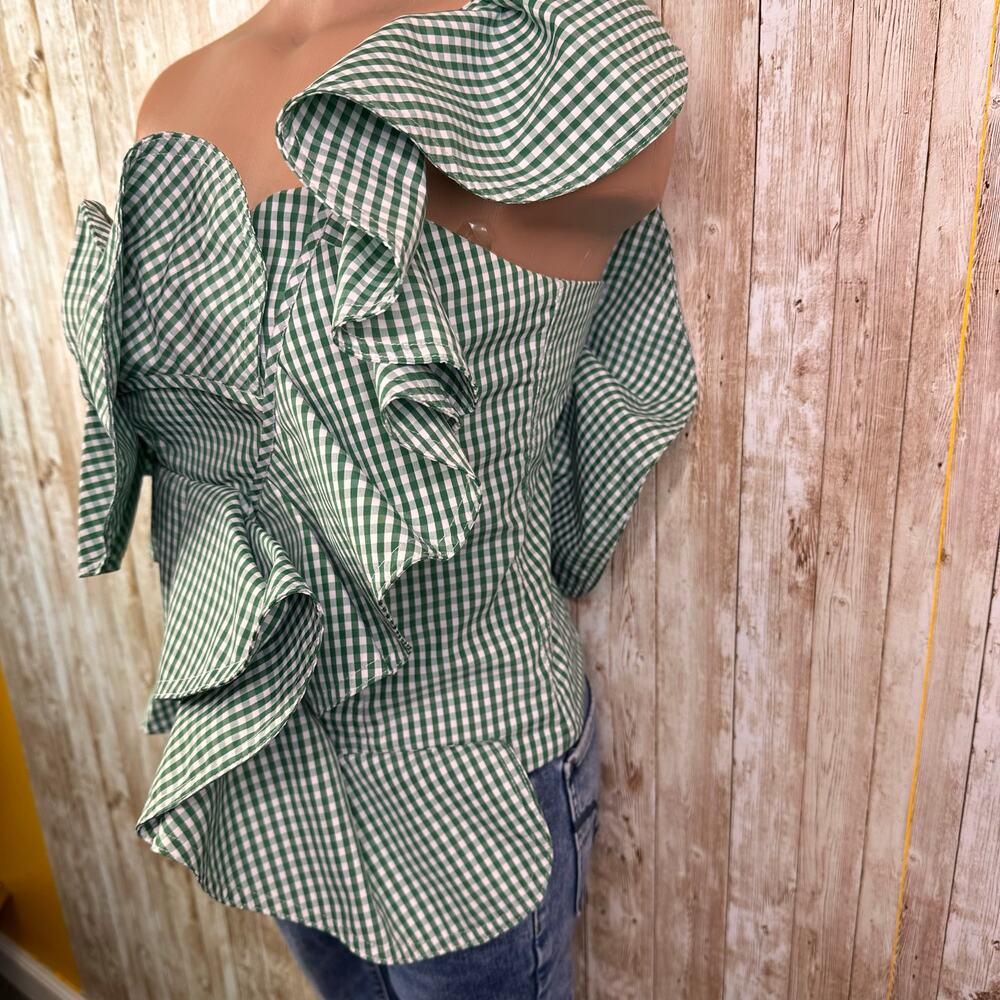 LUXE by STYLEKEEPERS Womens Size M One Shoulder green Gingham Top - Picture 4 of 7